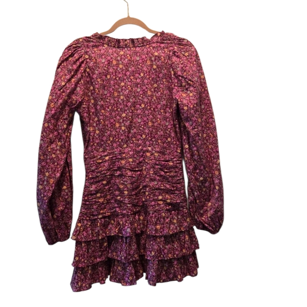 LoveShackFancy Mini Dress 4 Floral Red Pink Ruffled Tiered Long Sleeve Ruched - Picture 3 of 10